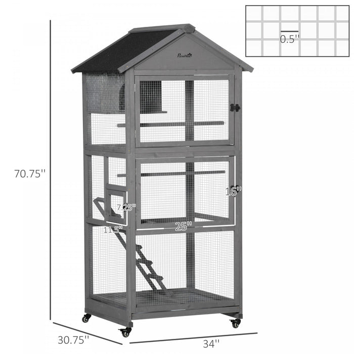 Pawhut 71\" Bird Cage Large Mobile Wooden Aviary For Canary Cockatiel With Wheel Perch Nest Ladder Slide-out Tray For Indoor Outdoor Dark Grey