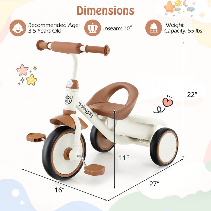 Babyjoy Kids Tricycle Toddler Trike With Adjustable Seat & Storage Basket 3 Wheel Bike Beige