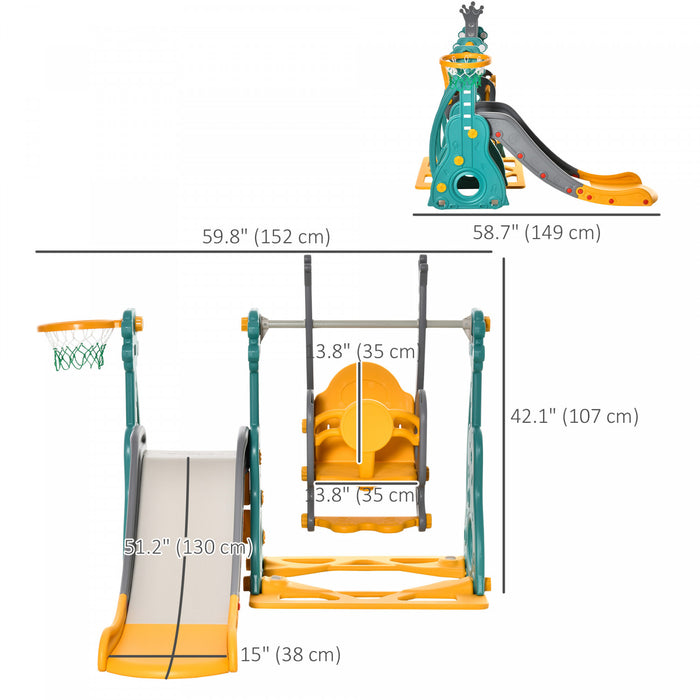 Qaba 4-in-1 Kids Swing And Slide Set With Basketball Hoop And Adjustable Seat Height, Toddler Play Climber Slide Playset For Indoor And Outdoor Playground Activity Center