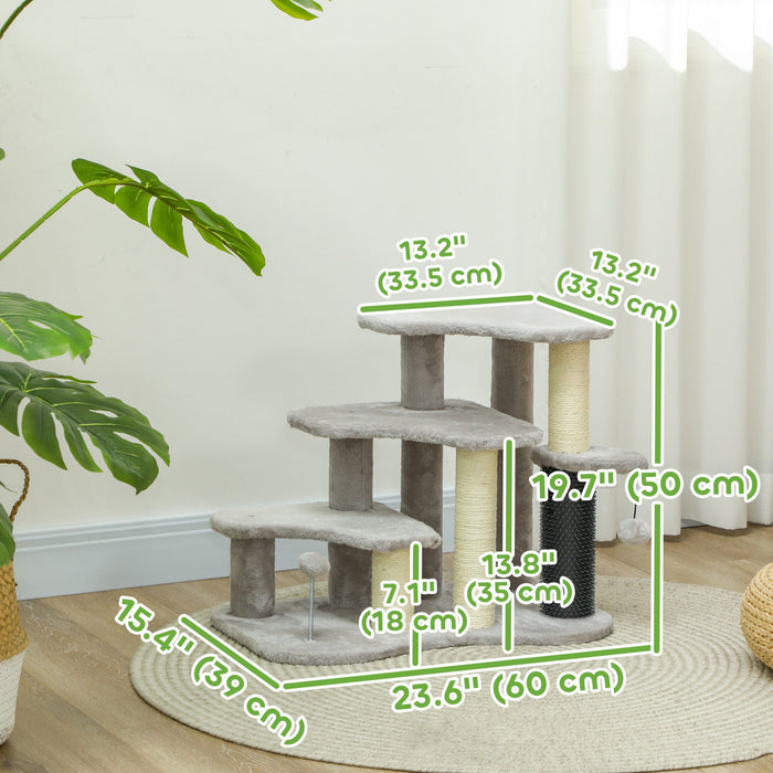 Pawhut 20\" Cat Tree, 2 In 1 Cat Tower 3 Steps Pet Stairs With Scratching Posts, Tickling Post, Toy Balls, Cat Stairs For Bed, Couch, Sofa, Light Grey