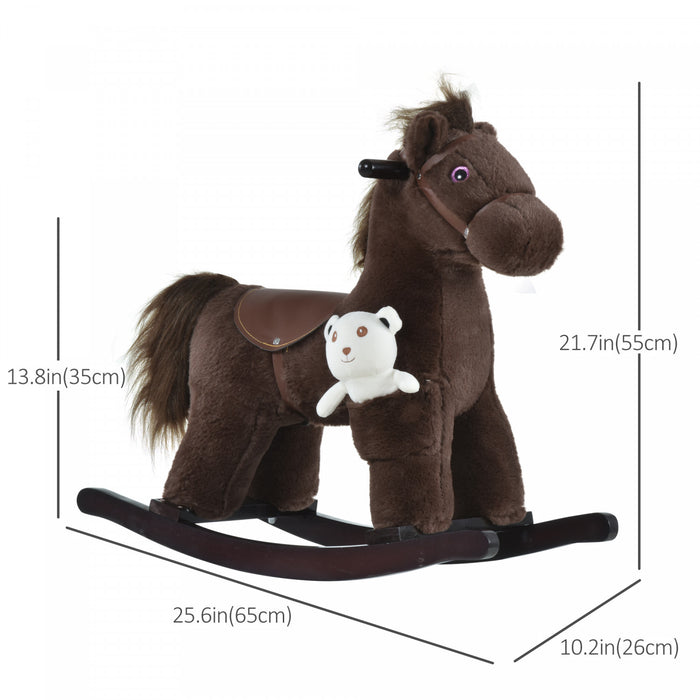 Qaba Kids Plush Ride-on Rocking Horse With Bear Toy, Children Chair With Soft Plush Toy & Fun Realistic Sounds, Brown