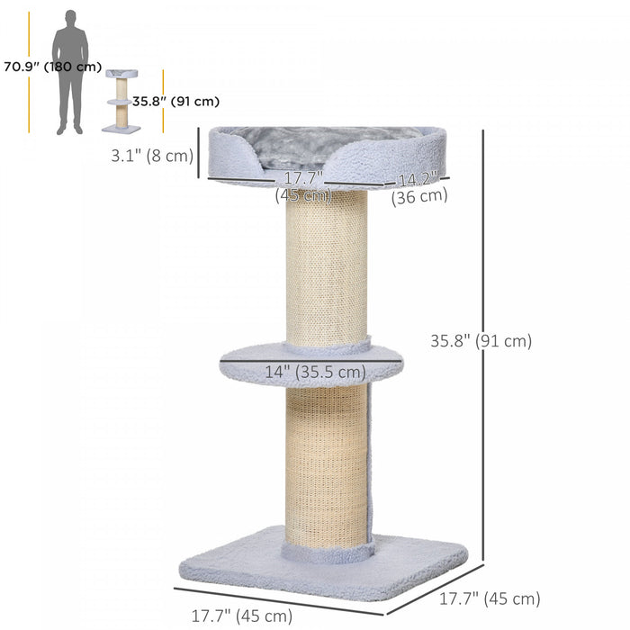 Pawhut 36\"h Large Cat Scratching Post For Indoor Cats, Bold Cat Tree Multi-level Kitty Tower With Sisal Mat Scratch Rope, Cat Bed, Removable Cushion, Perch, Light Blue