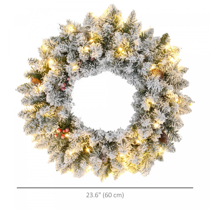 Homcom 24\" Pre-lit Christmas Wreath With Pine Cones And Red Berries Green