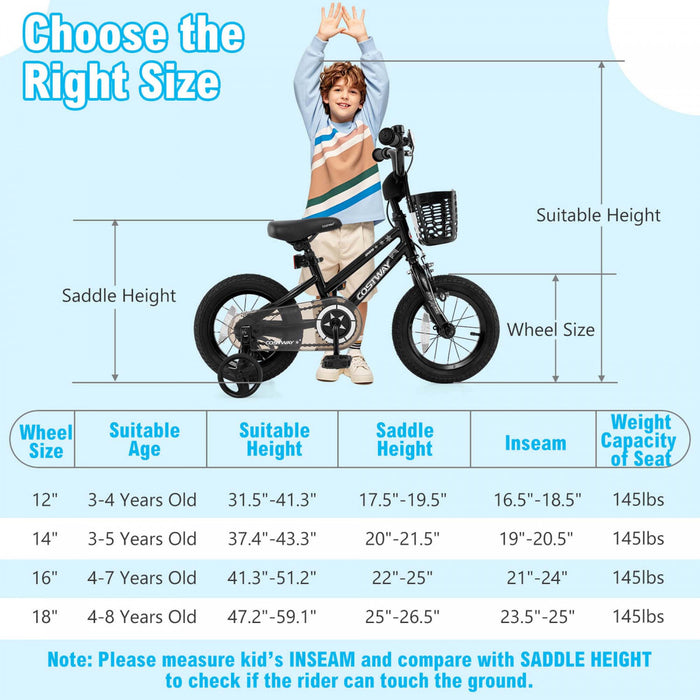 Costway 12\" Kid's Bike With Training Wheels Adjustable Handlebar & Seat Handbrake Black
