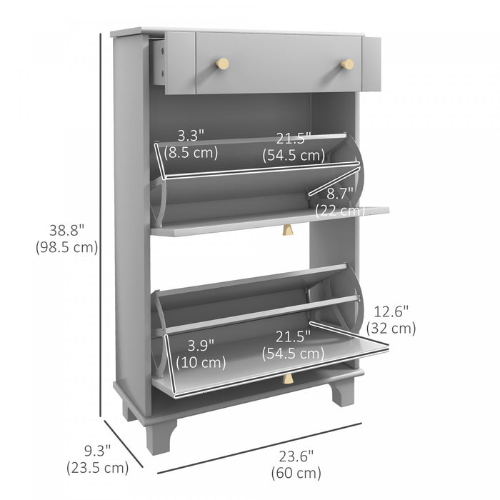 HOMCOM Narrow Shoe Cabinet w/ 2 Flip Drawers, Shoe Storage Cabinet, Grey