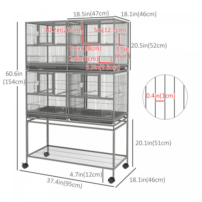 Pawhut 61 Inch Large Double Rolling Metal Bird Cage Bird House With Removable Metal Tray, Storage Shelf, Wood Perch, Food Container