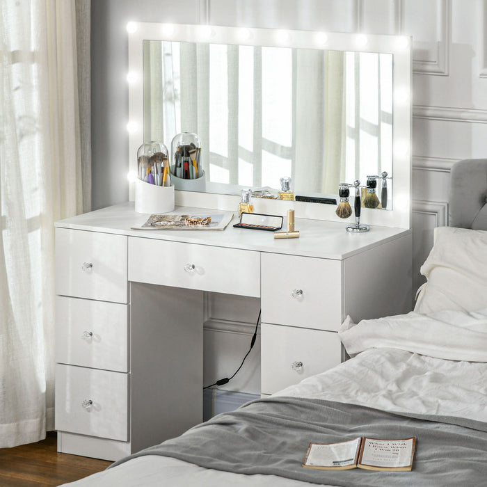 HOMCOM Makeup Vanity Desk with Lighted Mirror 7 Drawers 10 LED Lights White