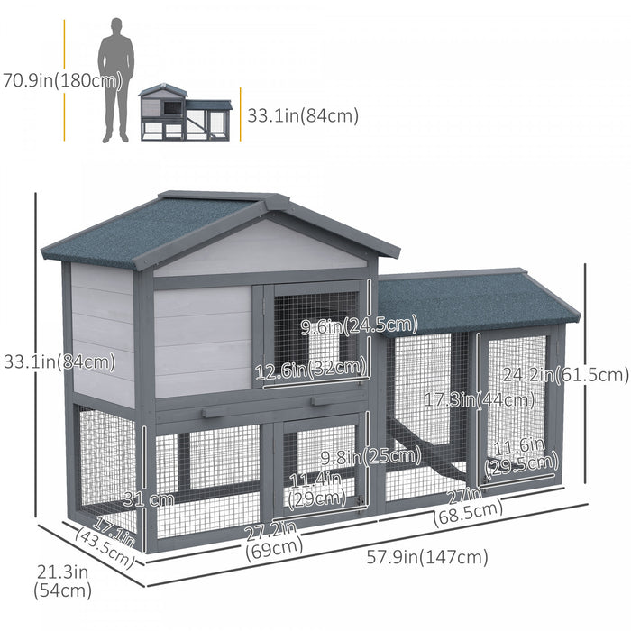 Pawhut Wood Rabbit Hutch Backyard Bunny Cage Small Animal House Asphalt Roof W/ Ramp And Outdoor Run Dark Grey