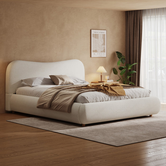 Camille Platform Bed with Curved Headboard and Luxurious Boucle Upholstery,Queen Size,White Queen Bed