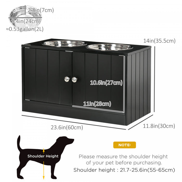 Pawhut Elevated Dog Bowls For Large Dogs Pet Feeding Station With Stand, Storage, 2 Stainless Steel Food And Water Bowls, Black, 23.6\" X 11.8\" X 14\"