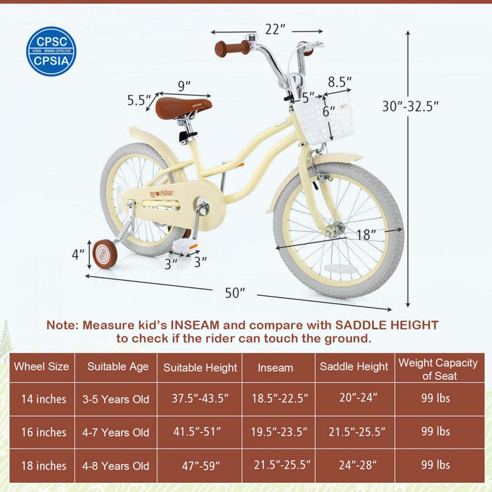 Prorider 18\" Kids Bike Toddler Bicycle With Training Wheel Kickstand For 4-8 Years Beige