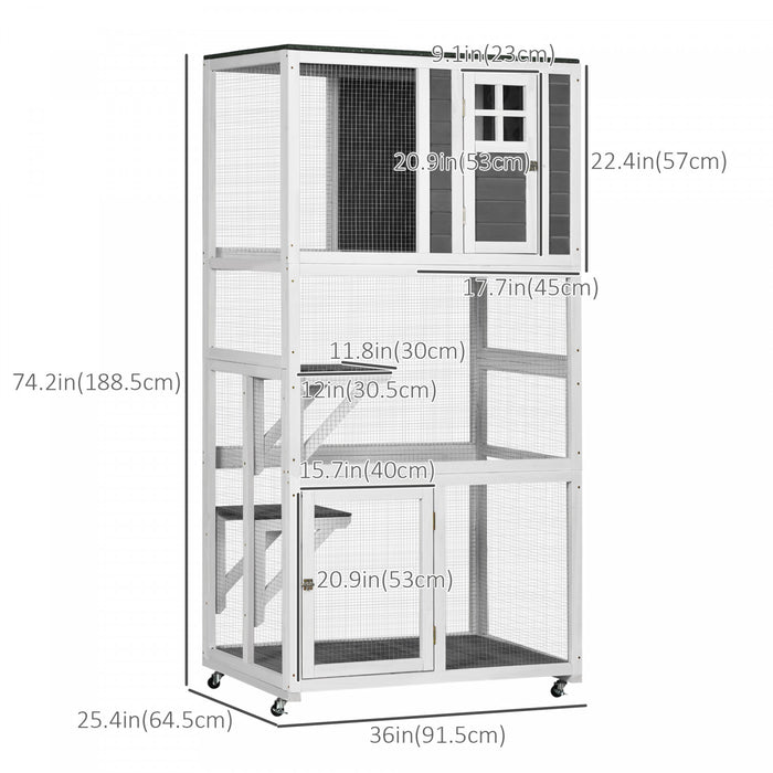 Pawhut 74\" Wooden Outdoor Cat House Weatherproof & Wheeled, Catio Outdoor Cat Enclosure With High Weight Capacity, Kitten Cage Condo, White