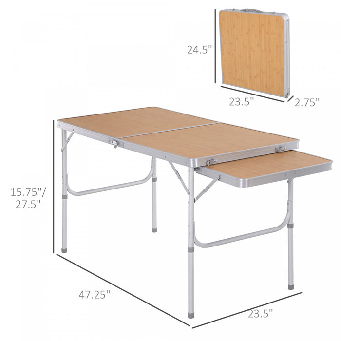 Outsunny 4ft Picnic Table with Slide Shelf Outdoor Portable Aluminum Folding Table 2 Adjustable Height Light-weight Camping BBQ Party Dining Table w/ Carrying Handle