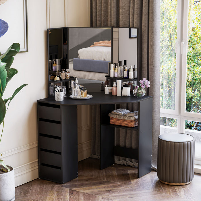 HOMCOM Corner Vanity Table, Makeup Desk with 3-piece Mirror and 5 Drawers