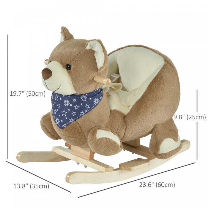 Qaba Rocking Horse, Kids Ride On Horse Bear-theme Soft Plush With Music, Seat Belt, Wooden Base For 18-36 Months