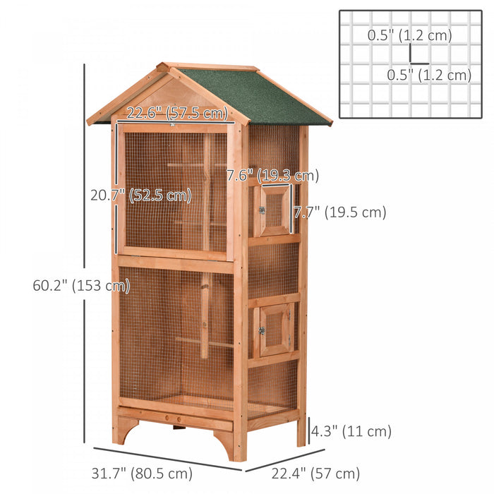 Pawhut 62.5\" H Large Wooden Bird Cage Outdoor Indoor For African Grey Small Quaker Amazon Parrot Cockatiel Sun Parakeet Green Cheek Conure Dove Lovebird Budgie Play, Orange