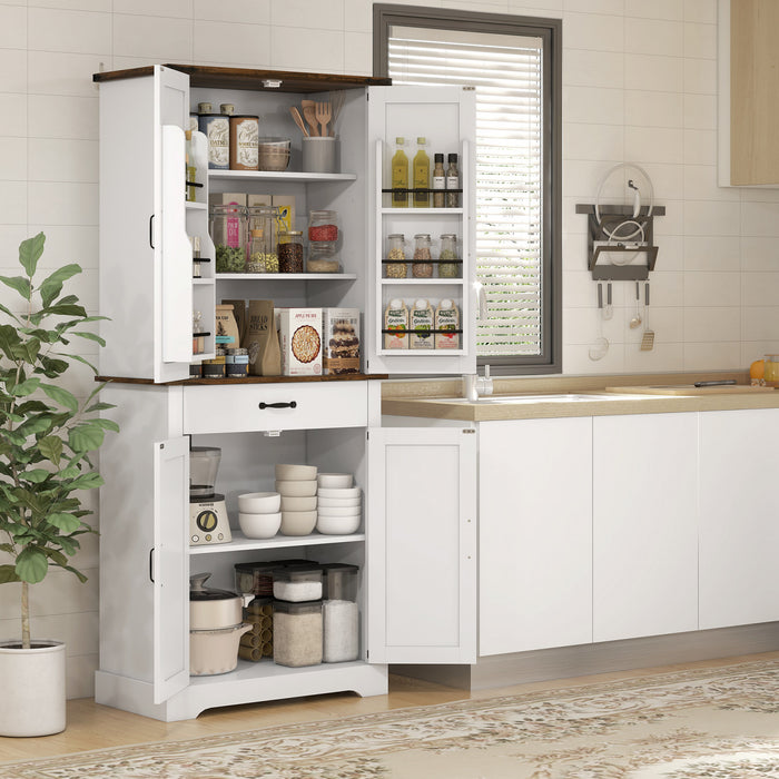 HOMCOM Farmhouse Kitchen Pantry, Tall Storage Cabinet with Door Racks White