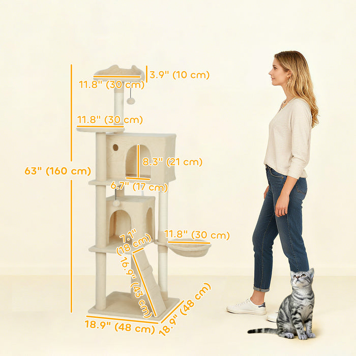 PawHut Cat Tree, 63 Inch Multi-Level Large Cat Tower with Sisal Scratching Posts, Condos, Plush Perches, Hammock, Ladder, Dangling Balls, for Indoor Kittens, Beige