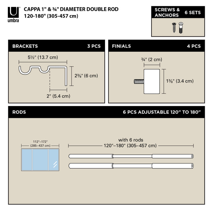 Umbra Cappa Brass Expandable Double 1\" Curtain Rod - 120\"-180\" 