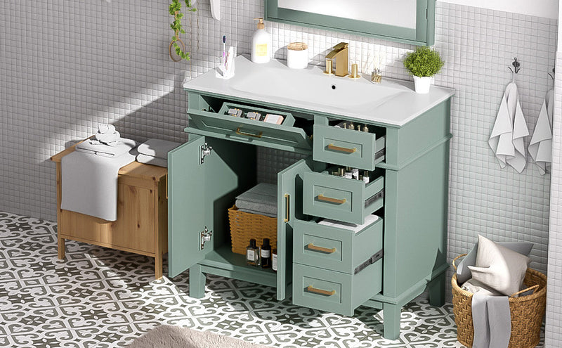 Clara 36 Inch Modern Bathroom Vanity with Ceramic Sink and Multi-Drawer Storage, Light Green