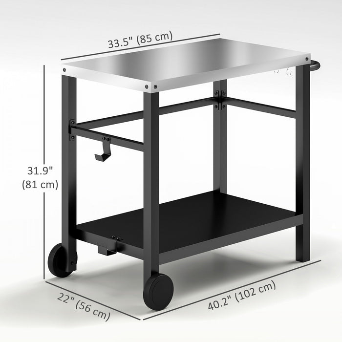 Outsunny Outdoor Grill Dining Cart with Stainless Steel Tabletop, 2-Shelf BBQ Movable Pizza Oven Stand with Shelf, Hooks, Wheels, Charcoal Grey