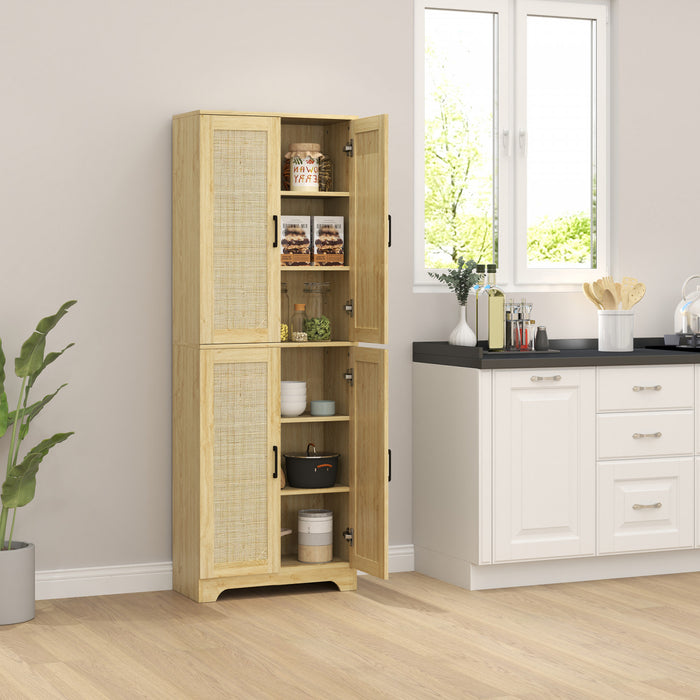 HOMCOM Kitchen Pantry with 4 Rattan Doors and Adjustable Shelves, Oak