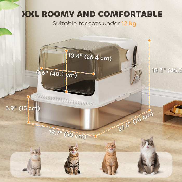 PawHut Extra Large Stainless Steel Cat Litter Box, XXL Enclosed Kitty Litter Box with Flip Lid & Scoop, Easy Clean, No Odours, Leak-Proof, for All Breed Sized Cats, White