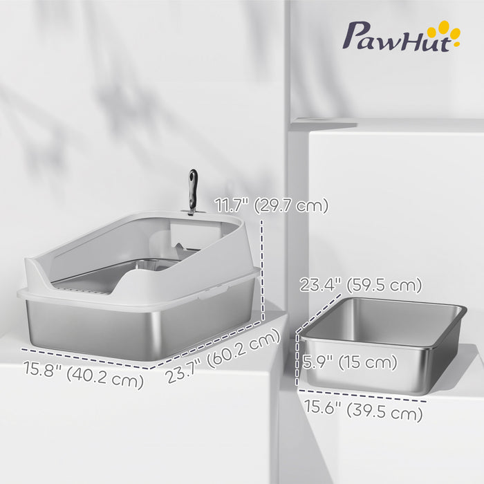 PawHut Cat Litter Box Stainless Steel, High Sided with Metal Litter Scoop, Never Absorbs Odors, Anti Leakage & Easy to Clean, 24\" x 16\" x 12\", Grey