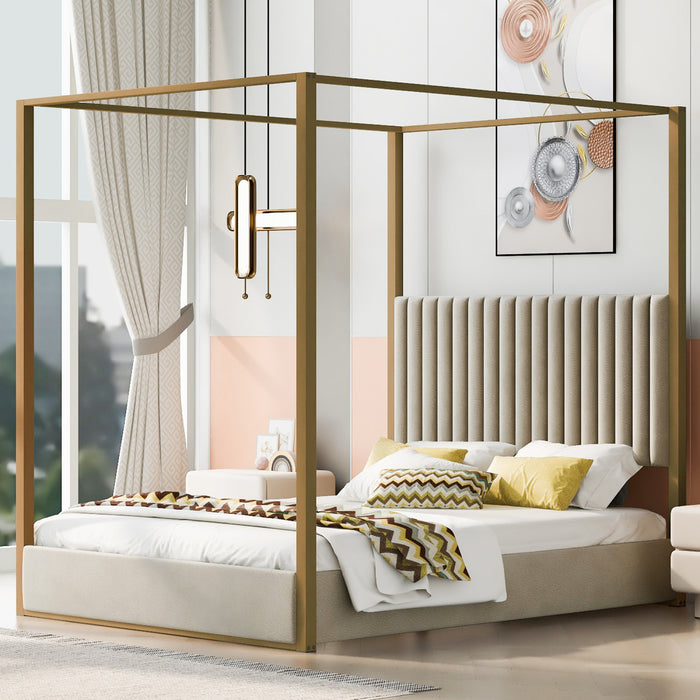 Sophia Upholstery Canopy Platform Bed with Foam Headboard and Velvet,Queen Size,Beige Queen Bed
