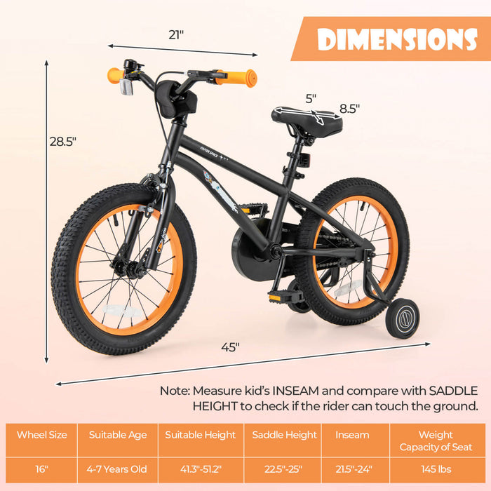 Costway 16-inch Kid's Bike For 4-7 Years Old With Adjustable Saddle & Anti-slip Handlebar Black