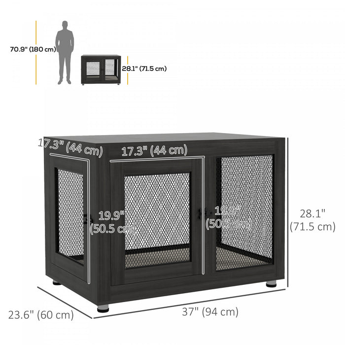 Pawhut Double-door Dog Crate Furniture For Medium Small Dogs, Pet Crate End Table With Water-resistant Cushion, Wooden Dog Kennel Furniture For Indoor Use, Black