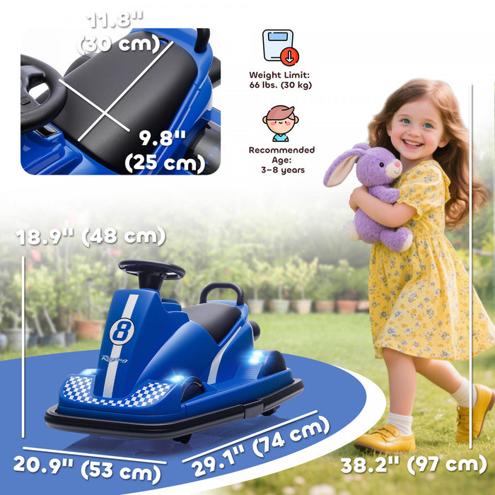 Qaba Bumper Car for Kids, 6V Electric Ride on Toy with 360 Degree Spin and Dual Motors, Battery Powered Bumping Car with Music, Bright LED Lights, for Ages 3-8 Years, Blue