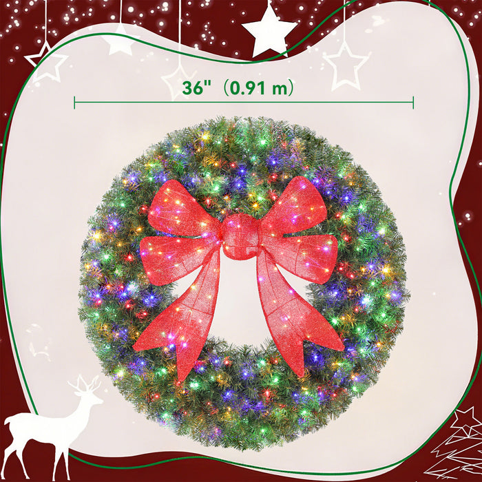 HOMCOM 36in Pre-Lit Christmas Wreath for Front Door with 3D Red Bow