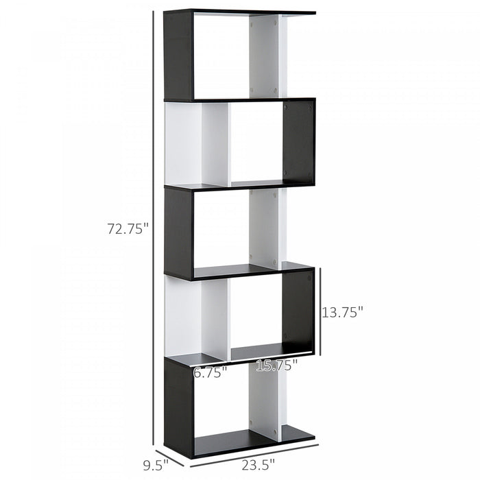 HOMCOM Geometric Bookcase, 5-Tier S Shaped Bookshelf, Black and White