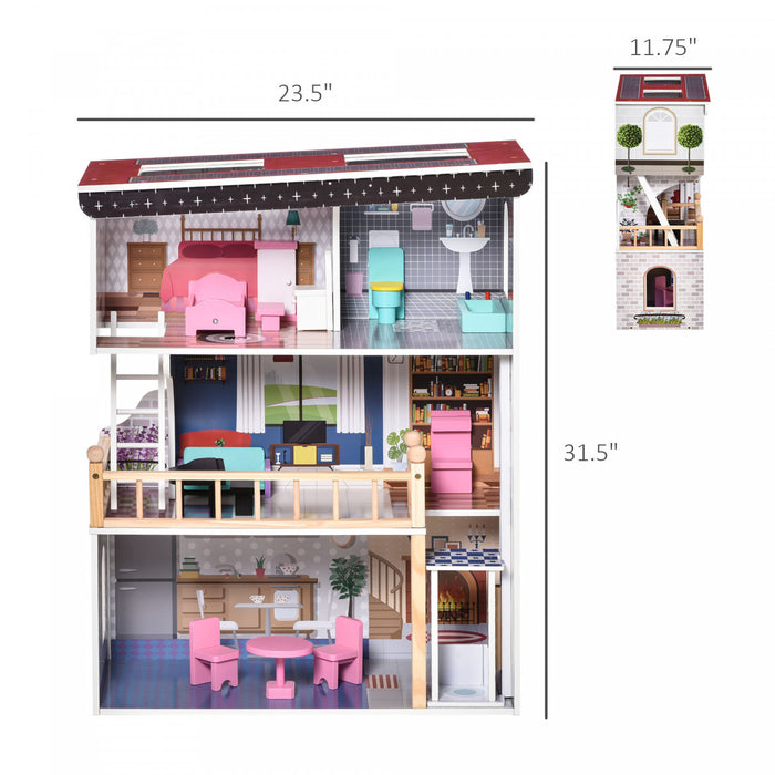 Qaba 13 Pcs Kids 3-story Dollhouse, Dreamhouse Villa, For Toddler, Little Girls, Multi-level House, With Elevator, Furniture Accessories Kit, For 3-6 Years Old, Pink