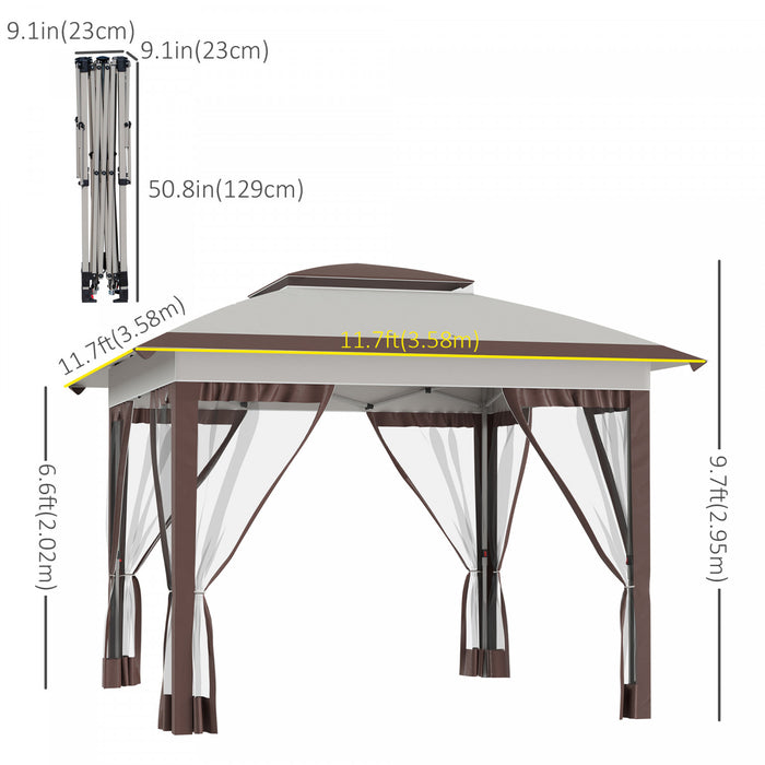 Outsunny 12' X 12' Pop Up Canopy Sun Shade Instant Tent Folding With Mesh Sidewalls, 3-level Adjustable Height And Storage Bag, Beige