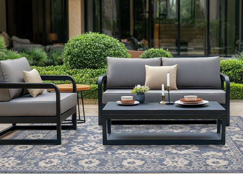 Cabana Blue White Elegant Border Outdoor Rug, 5'3\" x 7'7\" Outdoor Area Rug
