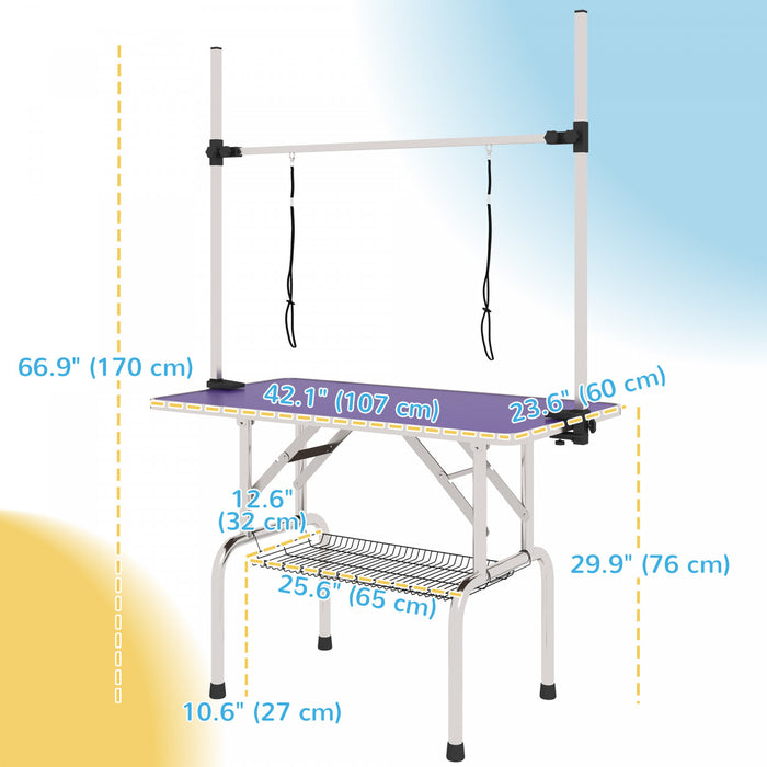 Pawhut Adjustable Dog Grooming Table Rubber Top 2 Safety Slings Mesh Storage Basket Heavy Metal Purple 42.25\"x 23.5\" X 67\"