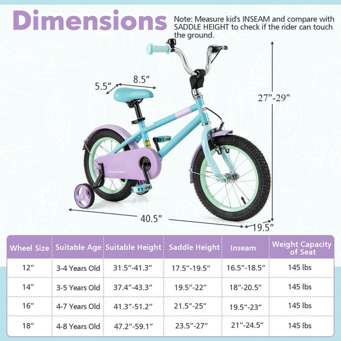 Costway 14\" Kids Bike With Adjustable Saddle Handlebar Removable Training Wheels Handbrake Blue