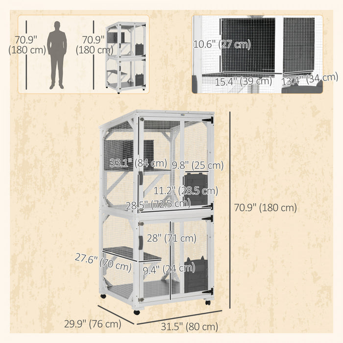 Pawhut Outdoor Cat House, Large Catio Wooden Kitten Enclosure Elevated Design, With Wheels, Resting Box, Water-resistant, Multi Platforms, For 1-3 Cats, White & Grey