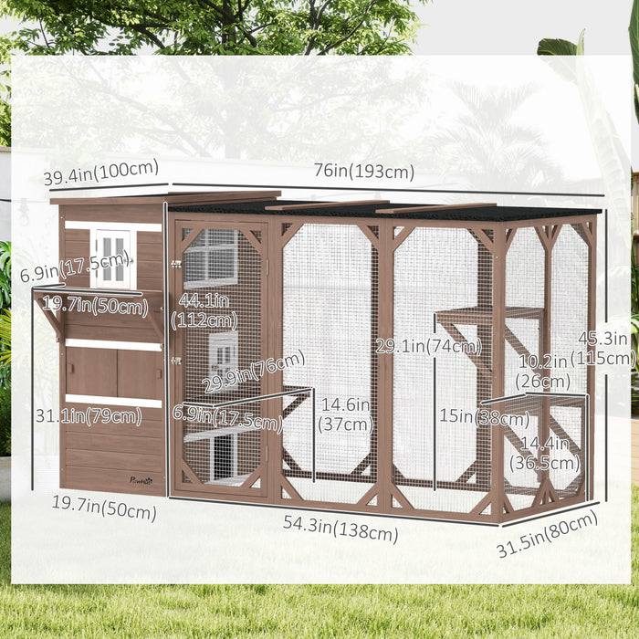 Pawhut Wooden Cat Catio, 76\"l Walk In Outdoor Cat House With Asphalt Roof, Platforms, Lockable Doors, 3-tier Resting Condo, Observation Window, For 2-3 Cats, Brown