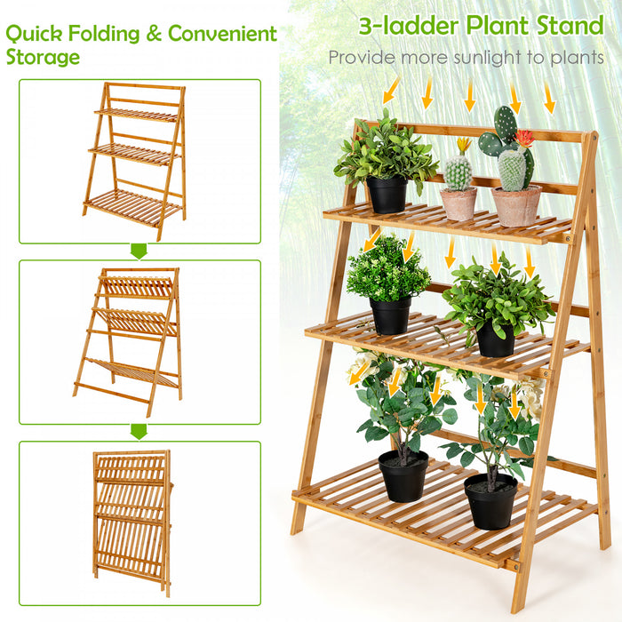 Costway Bamboo Ladder Plant Stand 3-tier Foldable Flower Pot Display Shelf Rack Natural