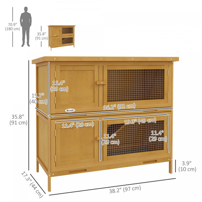 Pawhut Rabbit Hutch, Wooden 2 Tier Bunny Guinea Pig Cage With Openable Top, Slide-out Tray, Ramp, Asphalt Roof, For 2 Rabbits Outdoor Backyard Use, Yellow