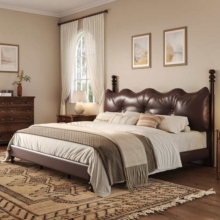 Emma Faux Leather Platform Bed Frame with Headboard,King Size,Dark Brown King Bed