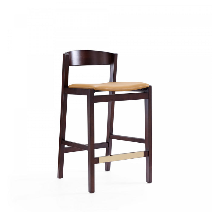Klismos Mid-Century Modern Wood Upholstered Counter Stool in Camel - Set of 3