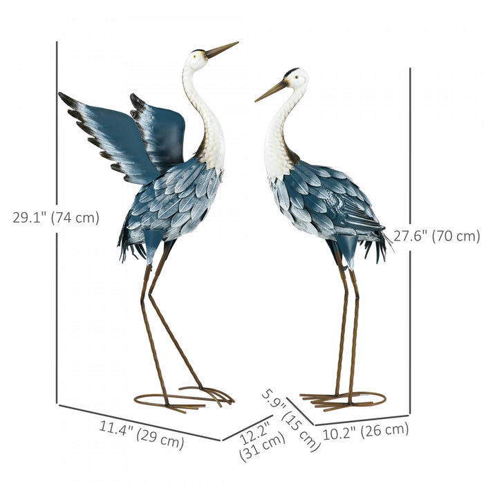 Outsunny 2pcs Heron Garden Statues, Metal Yard Art Bird Sculptures, Blue