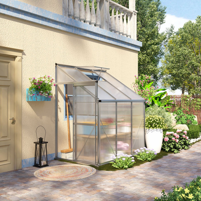 Outsunny 6' X 4' X 7' Lean-to Polycarbonate Greenhouse With Sliding Door And Roof Vent, Walk-in Garden Green House With Aluminium Frame For Plants Herbs Vegetables, Silver