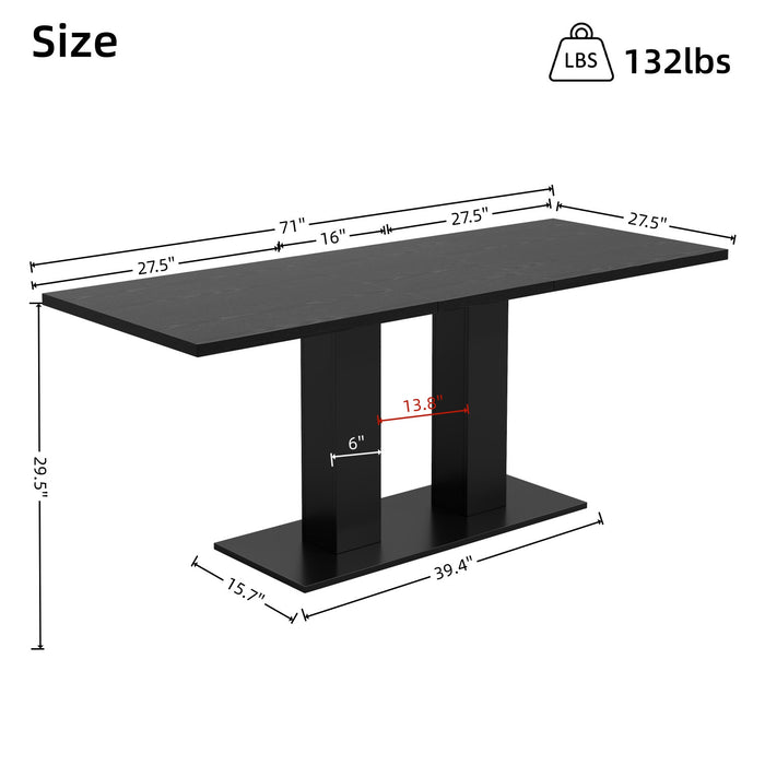Vero 71 Inch Modern Rectangular Dining Table with Dual Pedestal Base and Black Finish, Black