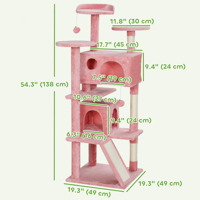 Pawhut 54\" Cat Tree, Cat Tower For Indoor Cats With Scratching Posts, Cat Condos, Bed, Platforms, Ramp, Toy Ball, Cat Activity Center, Pink