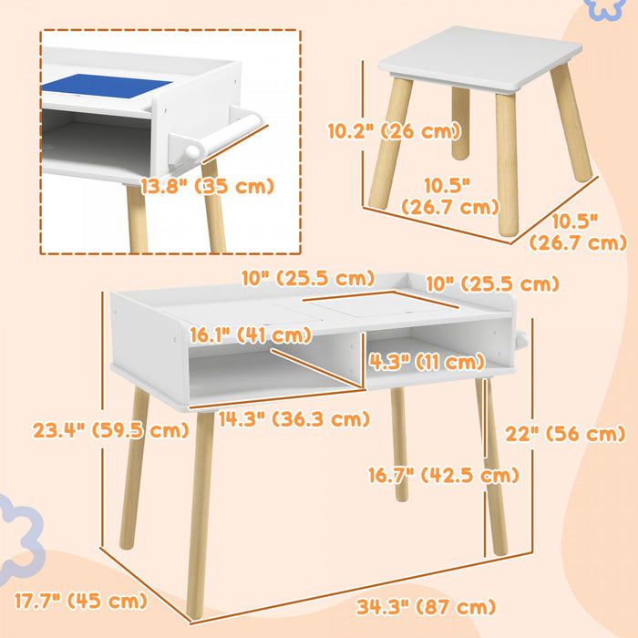 Qaba Kids Table And Chair Set, 3 In 1 Toddler Activity Table With Building Blocks Board, Paper Roll, Storage, For Playing, Drawing, Reading, Art, Craft, For Nursery, Playroom, Blue